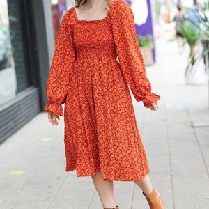 Keep You Close Rust Smocking Ditsy Floral Woven Dress